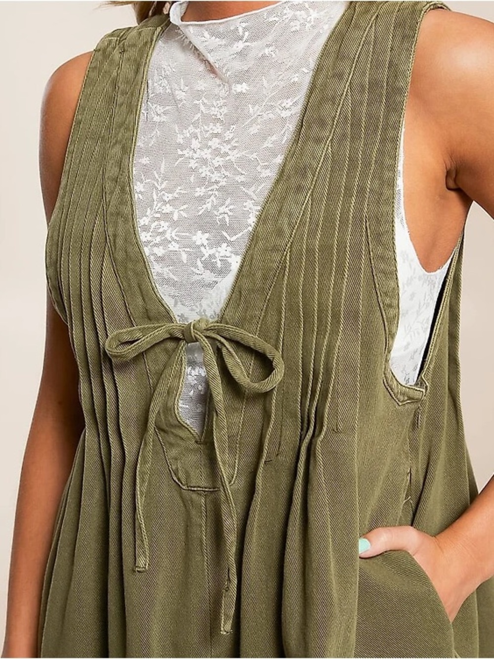 Vervet Olive Green Tie Front Romper Size Medium 100% Cotton - Picture 3 of 8